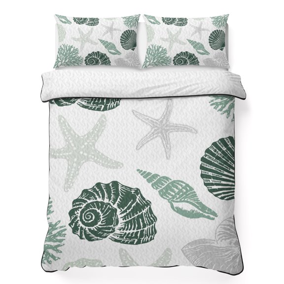 King Quilt Bedding Set Summer Ocean Green Conch Shell Breathable Summer Cooling Blanket for Hot Sleepers, Abstract Starfish Coral Lightweight Soft Bedding Set with 2 Pillow Shams for All Season