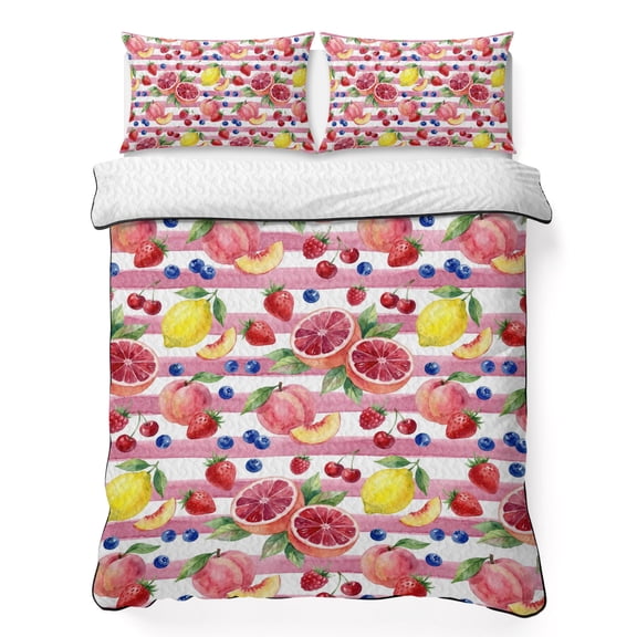 King Quilt Bedding Set Summer Peach Lemon Grapefruit Summer Quilt Lightweight Quilted Coverlet with 2 Pillow Shams, Blueberry Strawberry Pink Stripe 3-Piece Bedspread Quilt Set for All Season