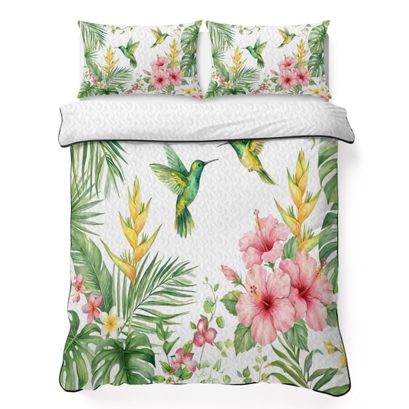 King Quilt Bedding Set, Summer Pink Flowers Hummingbirds Soft Microfiber Summer Bedspread Coverlet with 2 Pillow Shams for All Season, Watercolor Plants Breathable Bedding Set for Hot Sleepers