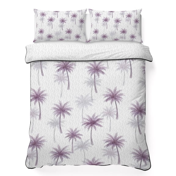 King Quilt Bedding Set, Summer Purple Palm Trees Soft Microfiber Summer Bedspread Coverlet with 2 Pillow Shams for All Season, Coastal Tropical Plant Tree Breathable Bedding Set for Hot Sleepers