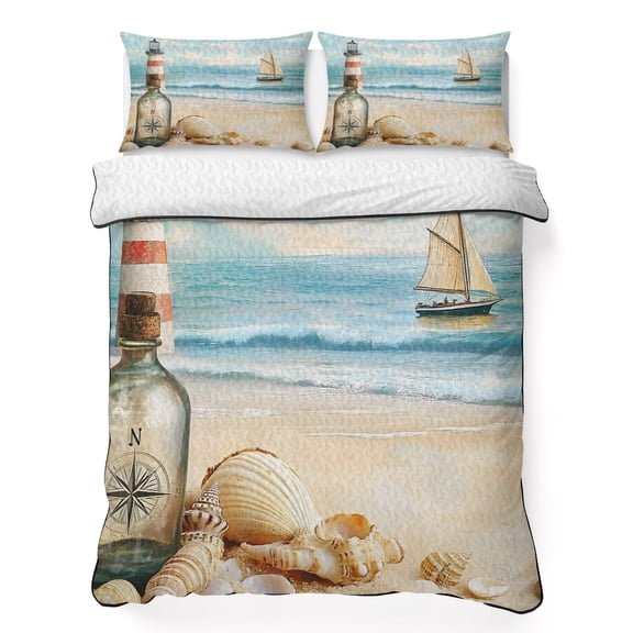 King Quilt Bedding Set, Summer Seaside Bottle Shell Conch Soft Microfiber Summer Bedspread Coverlet with 2 Pillow Shams, Watercolor Sea Boat Lighthouse Breathable Bedding Set for Hot Sleepers