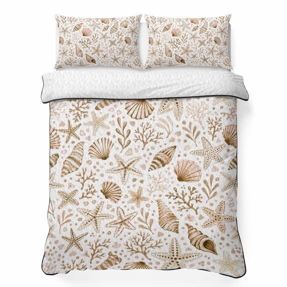 King Quilt Bedding Set Summer Starfish Coral Shell Conch Summer Quilt Lightweight Quilted Coverlet with 2 Pillow Shams, Light Brown Ocean Creature 3-Piece Bedspread Quilt Set for All Season