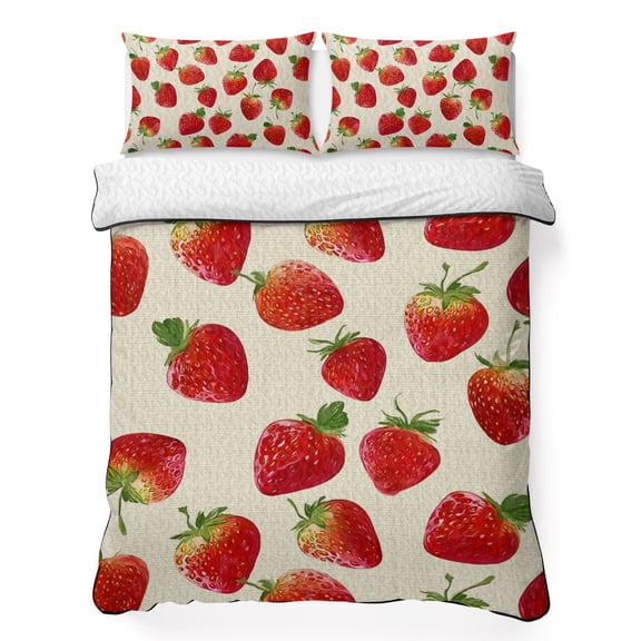 King Quilt Bedding Set, Summer Strawberry Vintage Linen Soft Microfiber Summer Bedspread Coverlet with 2 Pillow Shams for All Season, Farmhouse Fruit Seamless Breathable Bedding Set for Hot Sleepers