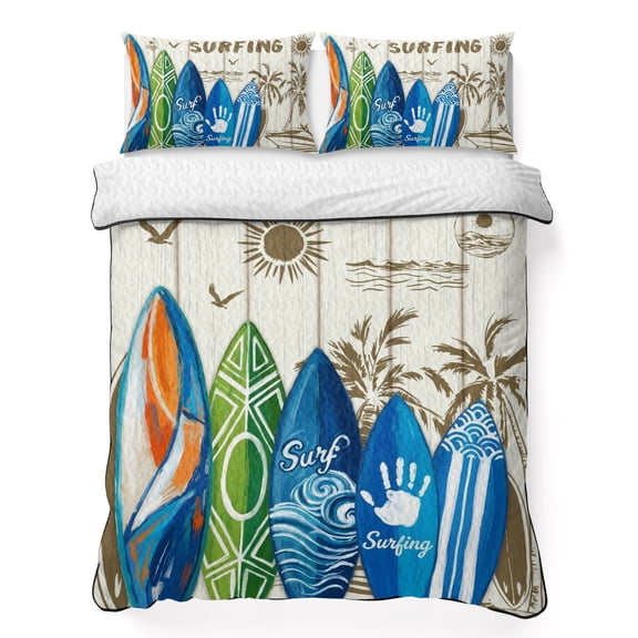 King Quilt Bedding Set, Summer Surfing Beach Tropical Palm Tree Soft Microfiber Summer Bedspread Coverlet with 2 Pillow Shams, Rustic Wooden Plank Breathable Bedding Set for Hot Sleepers