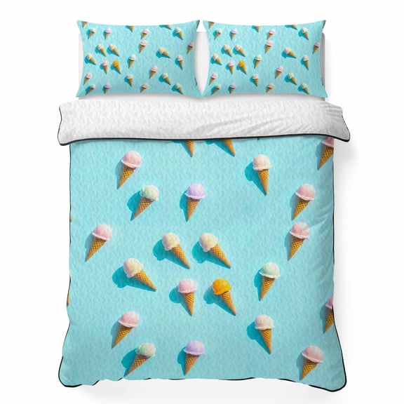 King Quilt Bedding Set, Summer Sweet Dessert on Mint Green Soft Microfiber Summer Bedspread Coverlet with 2 Pillow Shams for All Season, Seamless Icy Cream Breathable Bedding Set for Hot Sleepers