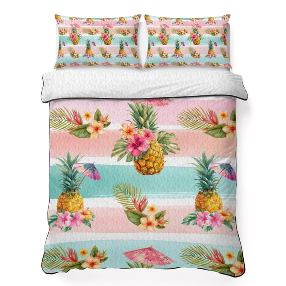 King Quilt Bedding Set, Summer Tropical Fruit Pineapple Soft Microfiber Summer Bedspread Coverlet with 2 Pillow Shams for All Season, Pink Green Striped Breathable Bedding Set for Hot Sleepers
