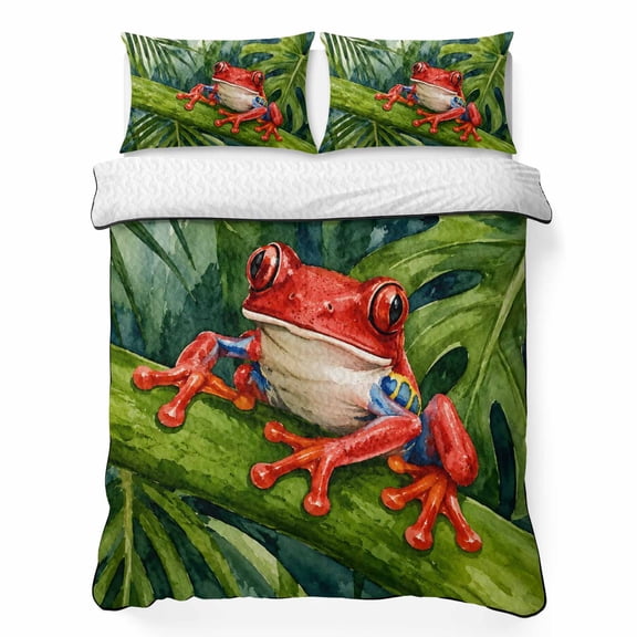 King Quilt Bedding Set, Summer Tropical Red Frog Pattern Soft Microfiber Summer Bedspread Coverlet with 2 Pillow Shams for All Season, Monstera Leaf Breathable Bedding Set for Hot Sleepers