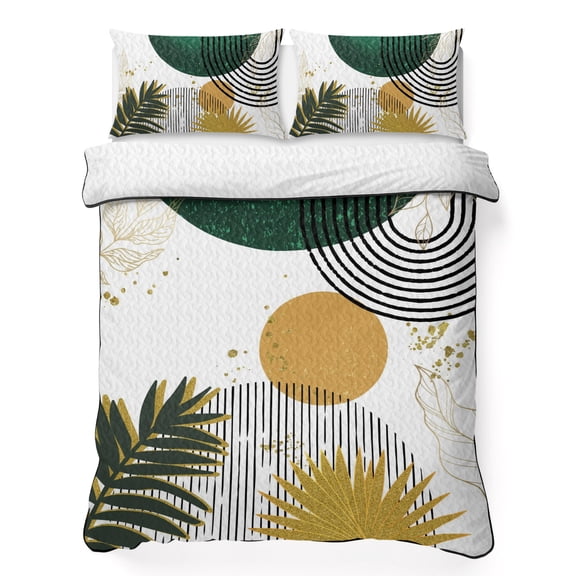 King Quilt Bedding Set Sun Arch Stripe Abstract Leaves Breathable Summer Cooling Blanket for Hot Sleepers, Color Block Boho Style Lightweight Soft Bedding Set with 2 Pillow Shams for All Season