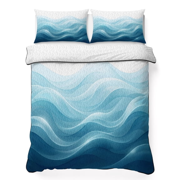King Quilt Bedding Set, Teal Blue Fluid Waves Soft Microfiber Summer Bedspread Coverlet with 2 Pillow Shams for All Season, Minimalist Gradient Layered Breathable Bedding Set for Hot Sleepers