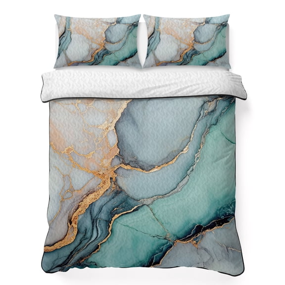 King Quilt Bedding Set, Teal Blue Gradient Marble Soft Microfiber Summer Bedspread Coverlet with 2 Pillow Shams for All Season, Turquoise Abstract Stripes Art Breathable Bedding Set for Hot Sleepers
