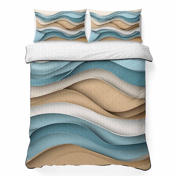 King Quilt Bedding Set, Teal Brown Gradient Water Ripple Soft Microfiber Summer Bedspread Coverlet with 2 Pillow Shams for All Season, Modern Abstract Wave Art Breathable Bedding Set for Hot Sleepers