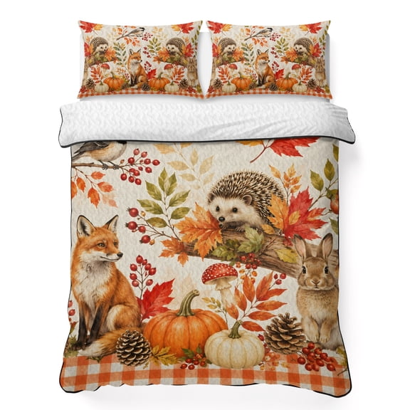 King Quilt Bedding Set Thanksgiving Fox Hedgehog Rabbit Breathable Summer Cooling Blanket for Hot Sleepers, Pumpkin Maple Leaves Lightweight Soft Bedding Set with 2 Pillow Shams for All Season