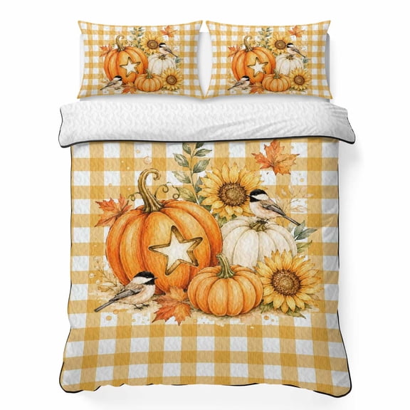King Quilt Bedding Set, Thanksgiving Orange Pumpkins Soft Microfiber Summer Bedspread Coverlet with 2 Pillow Shams for All Season, Yellow White Plaid Breathable Bedding Set for Hot Sleepers