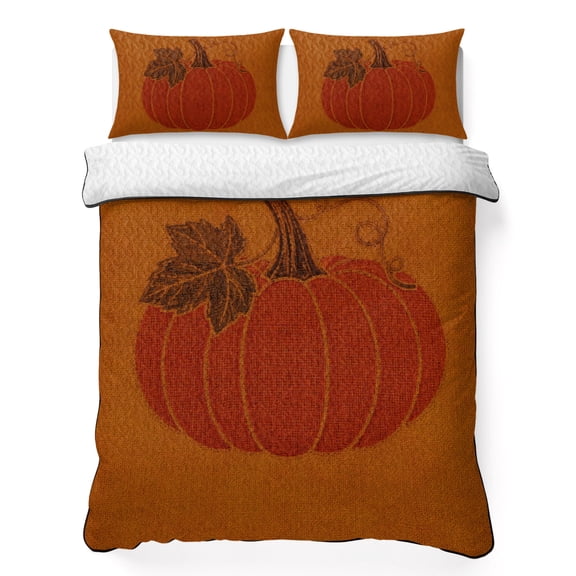 King Quilt Bedding Set, Thanksgiving Terracotta Pumpkins Soft Microfiber Summer Bedspread Coverlet with 2 Pillow Shams for All Season, Orange Background Breathable Bedding Set for Hot Sleepers