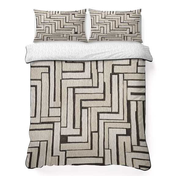 King Quilt Bedding Set Track Abstract Geometric Lightweight Summer Quilted Coverlet for Hot Sleepers, Industrial Modern Style Breathable Soft Cooling Blanket with 2 Pillow Shams for All Season