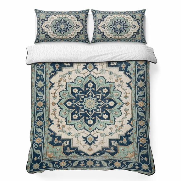 King Quilt Bedding Set Traditional Turkish Floral Summer Quilt Lightweight Quilted Coverlet with 2 Pillow Shams, Vintage Mint Green Geometric 3-Piece Bedspread Quilt Set for All Season
