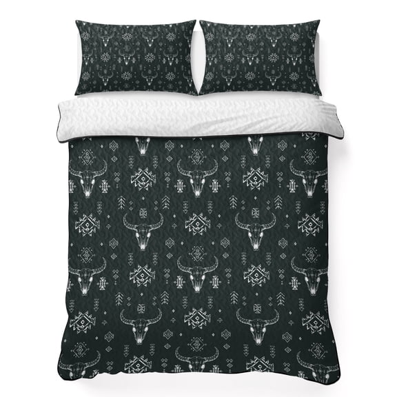 King Quilt Bedding Set, Tribal Bull Skull Arrow Dark Gray 3 Piece Bedding Set Lightweight Breathable Quilt with 2 Pillow Shams, Western Geometric Pattern Soft Summer Comforter for Hot Sleepers