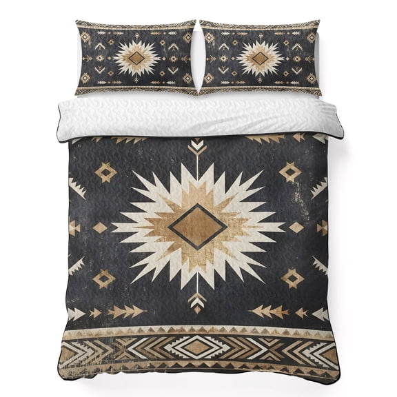 King Quilt Bedding Set Tribal Southwestern Arrow Texture Lightweight Summer Quilted Coverlet for Hot Sleepers, Retro Black Brown Sunburst Breathable Soft Blanket with 2 Pillow Shams for All Season