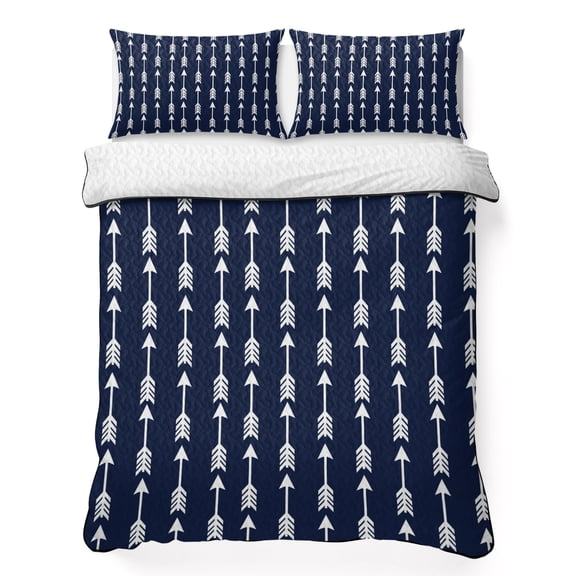 King Quilt Bedding Set, Tribal Style Arrows Feathers 3 Piece Bedding Set Breathable Quilt with 2 Pillow Shams, Solid Color Blue Background Soft Microfiber Summer Comforter for Hot Sleepers