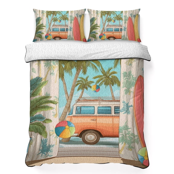 King Quilt Bedding Set, Tropical Beach Vacation Surfboard Soft Microfiber Summer Bedspread Coverlet with 2 Pillow Shams for All Season, Coconut Tree Camper Van Breathable Bedding Set for Hot Sleepers