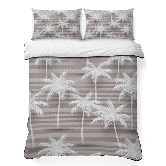 King Quilt Bedding Set, Tropical Coastal White Palm Trees Soft Microfiber Summer Bedspread Coverlet with 2 Pillow Shams for All Season, Gray Striped Breathable Bedding Set for Hot Sleepers