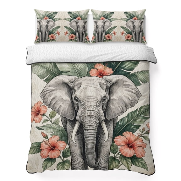 King Quilt Bedding Set, Tropical Elephant Hibiscus Leaf Soft Microfiber Summer Bedspread Coverlet with 2 Pillow Shams for All Season, Vintage Animal Botanical Breathable Bedding Set for Hot Sleepers