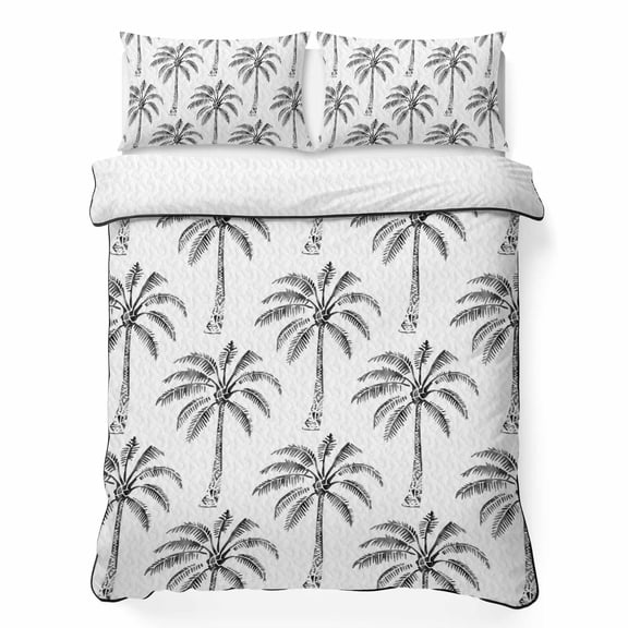 King Quilt Bedding Set, Tropical Forest Palm Tree Sketch Soft Microfiber Summer Bedspread Coverlet with 2 Pillow Shams, Seamless Trees Black Texture Breathable Bedding Set for Hot Sleepers
