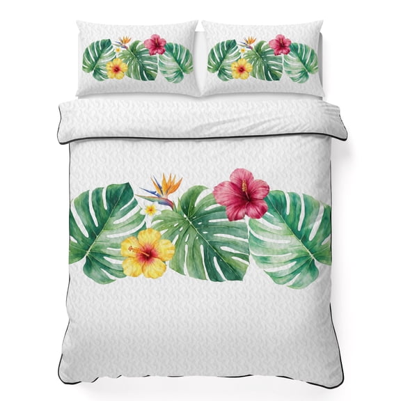 King Quilt Bedding Set, Tropical Monstera Hibiscus Flower Soft Microfiber Summer Bedspread Coverlet with 2 Pillow Shams, Summer Floral Leaf Plant Breathable Bedding Set for Hot Sleepers