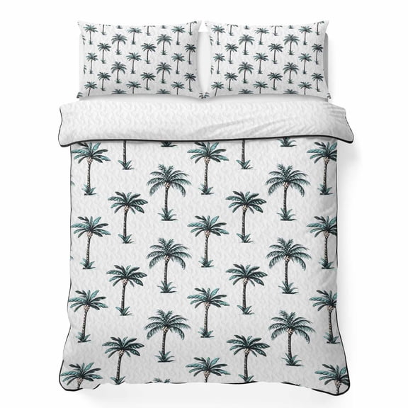 King Quilt Bedding Set, Tropical Palm Trees Soft Microfiber Summer Bedspread Coverlet with 2 Pillow Shams for All Season, Green and White Breathable Bedding Set for Hot Sleepers