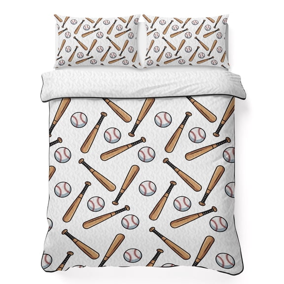 King Quilt Bedding Set Vintage Baseball Sport Cartoon Summer Quilt Lightweight Quilted Coverlet with 2 Pillow Shams, Wooden Baseball Bat 3-Piece Bedspread Quilt Set for All Season