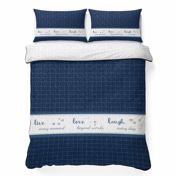 King Quilt Bedding Set Vintage Blue Plaid Stripes Summer Quilt Lightweight Quilted Coverlet with 2 Pillow Shams, Laugh Every Day Quote 3-Piece Bedspread Quilt Set for All Season