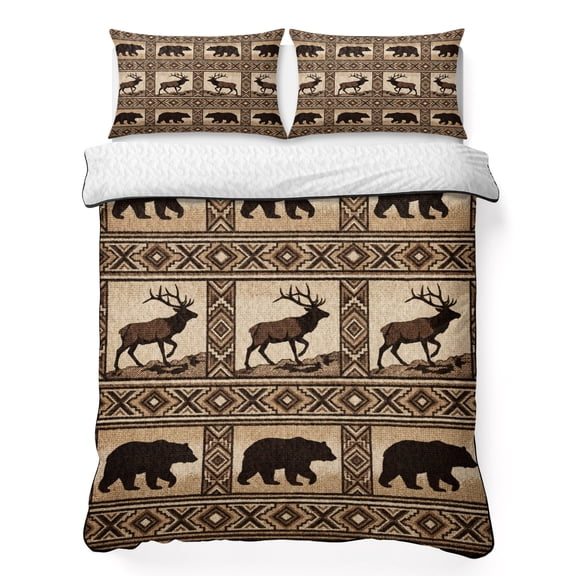 King Quilt Bedding Set Vintage Brown Bears Deer on Linen Breathable Summer Cooling Blanket for Hot Sleepers, Forest Theme Lightweight Soft Bedding Set with 2 Pillow Shams for All Season