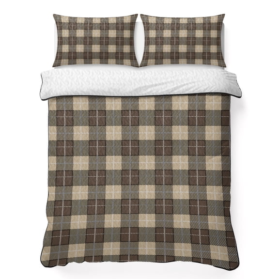 King Quilt Bedding Set Vintage Buffalo Tartan Plaid Summer Quilt Lightweight Quilted Coverlet with 2 Pillow Shams, Brown Checkered 3-Piece Bedspread Quilt Set for All Season