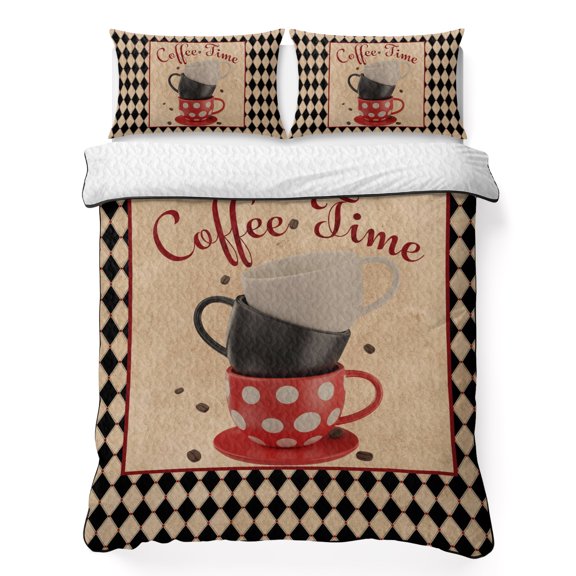 King Quilt Bedding Set Vintage Coffee Cup Beans Texts Summer Quilt Lightweight Quilted Coverlet with 2 Pillow Shams, Black Check Border 3-Piece Bedspread Quilt Set for All Season