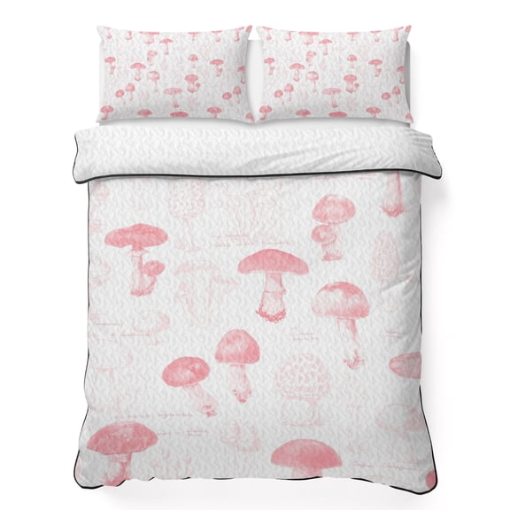 King Quilt Bedding Set Vintage Country Pink Mushroom Summer Quilt Lightweight Quilted Coverlet with 2 Pillow Shams, Autumn Botantical 3-Piece Bedspread Quilt Set for All Season