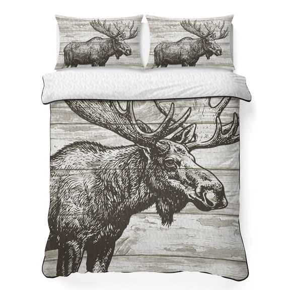 King Quilt Bedding Set, Vintage Countryside Elk Art Soft Microfiber Summer Bedspread Coverlet with 2 Pillow Shams for All Season, Farm Wood Board Breathable Bedding Set for Hot Sleepers