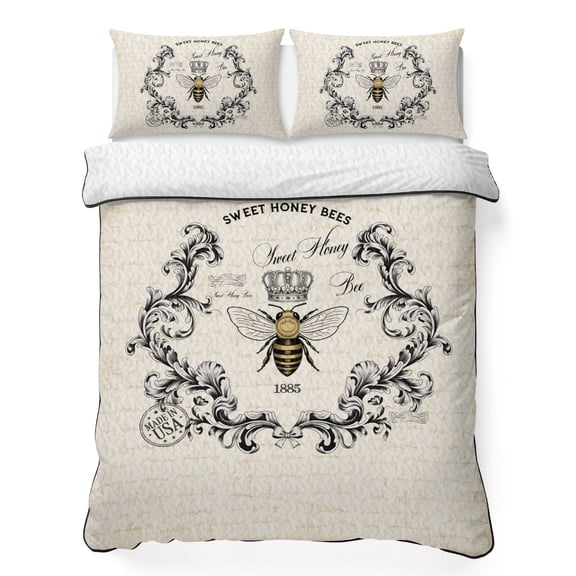 King Quilt Bedding Set, Vintage Farmhouse Bee Soft Microfiber Summer Bedspread Coverlet with 2 Pillow Shams for All Season, Animal on Letter Breathable Bedding Set for Hot Sleepers