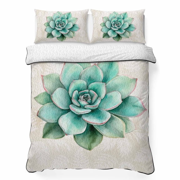 King Quilt Bedding Set, Vintage Green Succulents Soft Microfiber Summer Bedspread Coverlet with 2 Pillow Shams for All Season, Watercolor Country Plant Breathable Bedding Set for Hot Sleepers