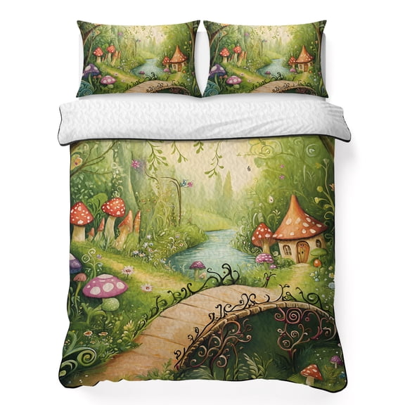 King Quilt Bedding Set Vintage Mushroom Cottage Forest Summer Quilt Lightweight Quilted Coverlet with 2 Pillow Shams, Fairy Tale World 3-Piece Bedspread Quilt Set for All Season