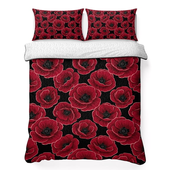 King Quilt Bedding Set, Vintage Red Poppies 3 Piece Bedding Set Lightweight Breathable Quilt with 2 Pillow Shams, Watercolor Floral on Black Background Soft Summer Comforter for Hot Sleepers