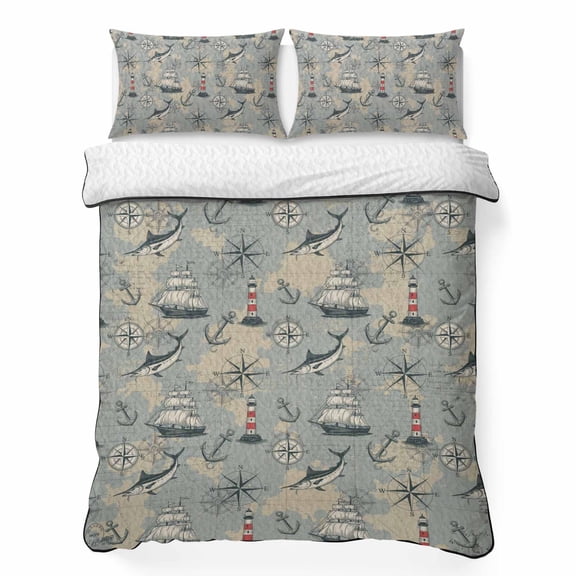 King Quilt Bedding Set, Vintage Sailing Boat Lighthouse 3 Piece Bedding Set Breathable Quilt with 2 Pillow Shams, Nautical Compass Anchor Soft Microfiber Summer Comforter for Hot Sleepers