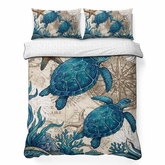 King Quilt Bedding Set, Vintage Sea Turtle Seaweed Starfish Soft Microfiber Summer Bedspread Coverlet with 2 Pillow Shams, Compass Shell World Map Breathable Bedding Set for Hot Sleepers