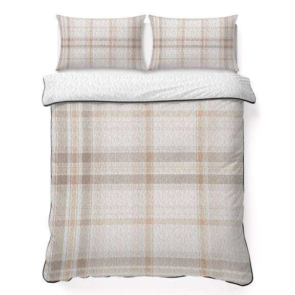King Quilt Bedding Set, Vintage Tartan Rustic Minimalist Soft Microfiber Summer Bedspread Coverlet with 2 Pillow Shams for All Season, Modern Beige Plaid Breathable Bedding Set for Hot Sleepers