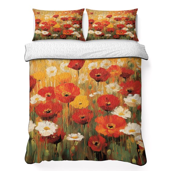 King Quilt Bedding Set, Vintage Watercolor Red White Poppy 3 Piece Bedding Set Lightweight Breathable Quilt with 2 Pillow Shams, Pastoral Blossom Flower Soft Summer Comforter for Hot Sleepers
