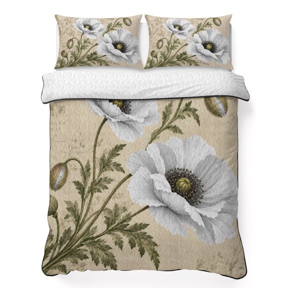 King Quilt Bedding Set, Vintage White Gray Flower 3 Piece Bedding Set Lightweight Breathable Quilt with 2 Pillow Shams, Pastoral Plant on Retro Letter Back Soft Microfiber Summer Comforter