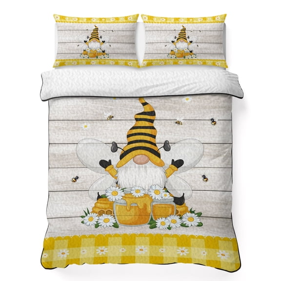 King Quilt Bedding Set, Watercolor Bee Dwarfs Soft Microfiber Summer Bedspread Coverlet with 2 Pillow Shams for All Season, Daisy Yellow Gauze Breathable Bedding Set for Hot Sleepers