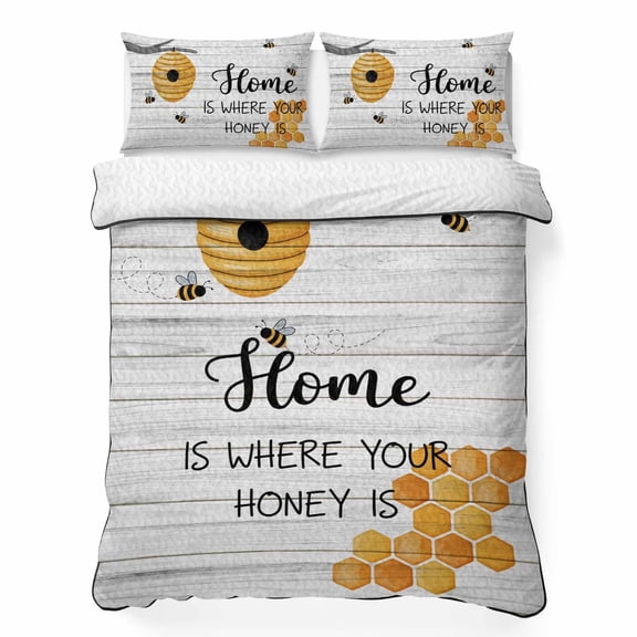 King Quilt Bedding Set, Watercolor Bee Honey on Wood Board Soft Microfiber Summer Bedspread Coverlet with 2 Pillow Shams for All Season, Retro Farm Plank Breathable Bedding Set for Hot Sleepers