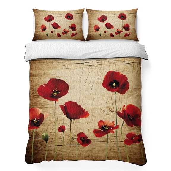 King Quilt Bedding Set, Watercolor Dark Red Poppy Flower 3 Piece Bedding Set Lightweight Breathable Quilt with 2 Pillow Shams, Floral on Retro Brown Soft Microfiber Summer Comforter for Hot Sleepers