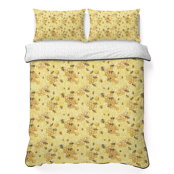 King Quilt Bedding Set Watercolor Farm Insects Bees Breathable Summer Cooling Blanket for Hot Sleepers, Yellow Bee Nests Lightweight Soft Bedding Set with 2 Pillow Shams for All Season