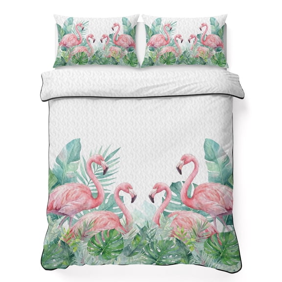 King Quilt Bedding Set, Watercolor Flamingo Monstera Leaf Soft Microfiber Summer Bedspread Coverlet with 2 Pillow Shams for All Season, Tropical Animal Plant Breathable Bedding Set for Hot Sleepers